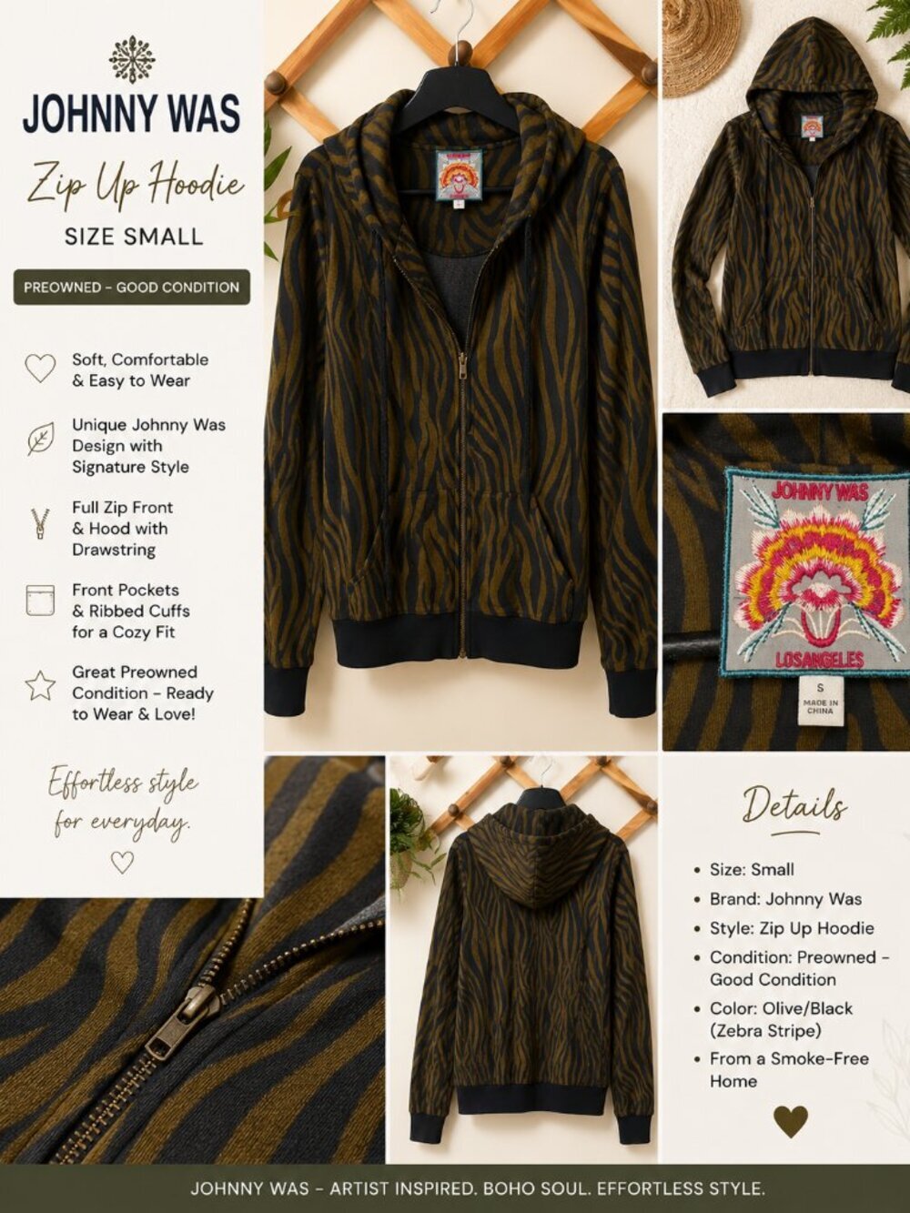 Johnny Was Zebra Print Zip Up Hoodie Small Boho Animal Print Jacket Olive Black